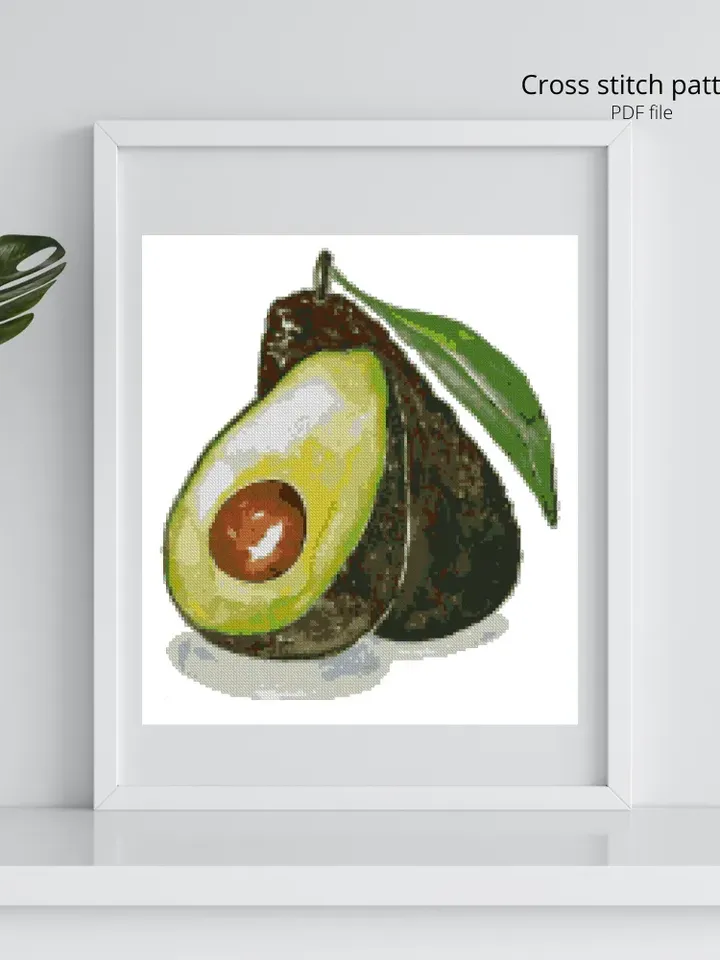 Watercolor Avocado cross stitch PDF pattern, Food embroidery, Instant download