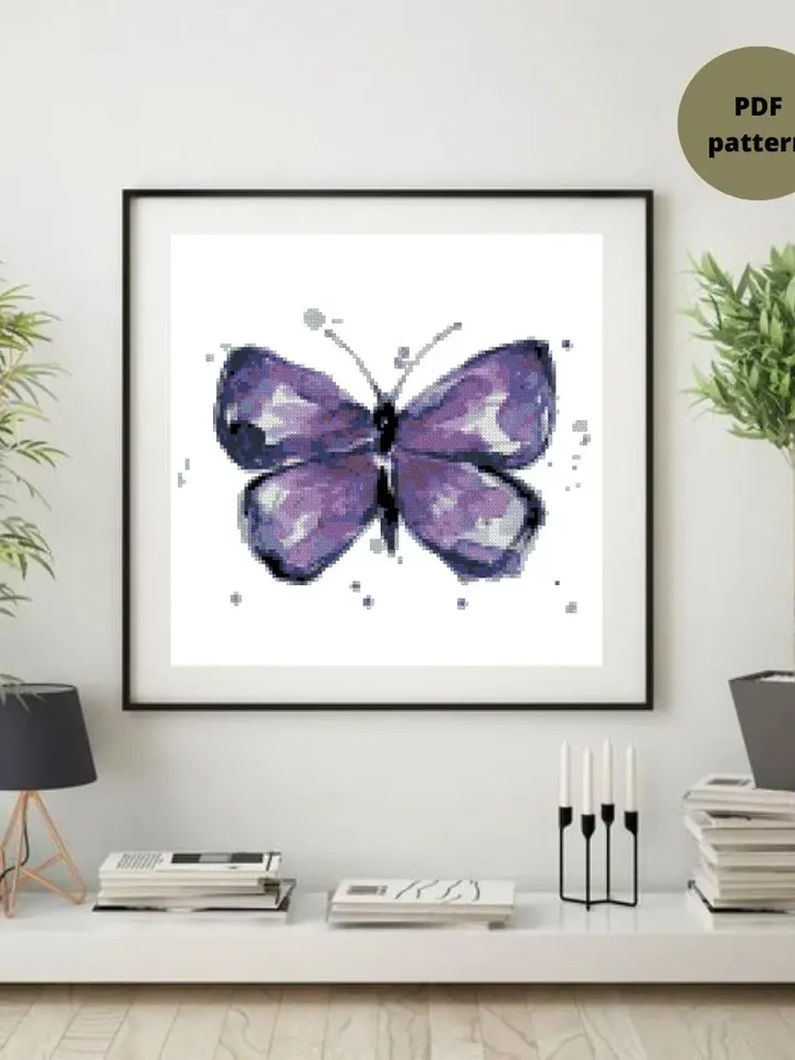 Watercolor Purple Butterfly cross stitch PDF pattern, Insect embroidery, Instant download