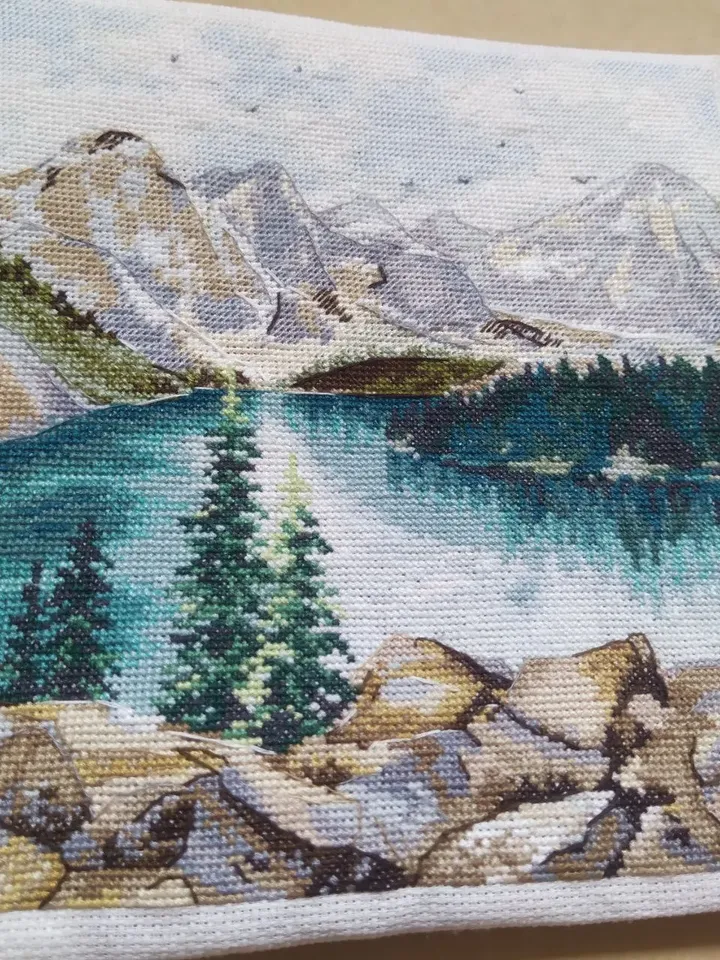 Handmade Moraine Lake painting, Canadian landscape wall art, for home decor, finished cross stitch