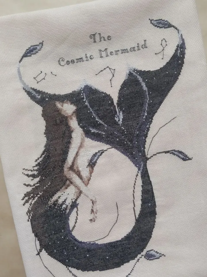 Handmade space mermaid painting, mermaid wall art, for wall decor, finished cross stitch