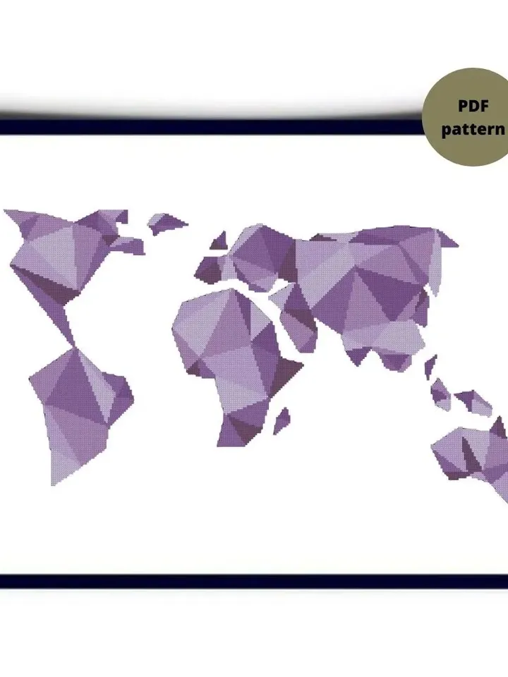 Geometric World map cross stitch PDF pattern, Purple embroidery, Instant download