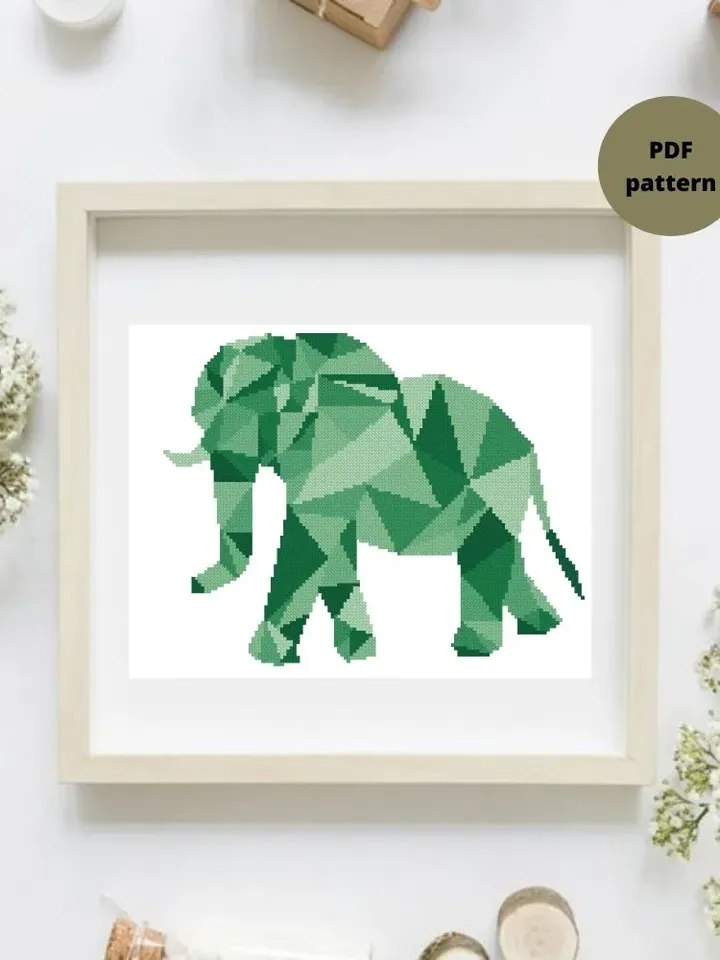 Geometric Green elephant cross stitch PDF pattern, Animal embroidery, Instant download