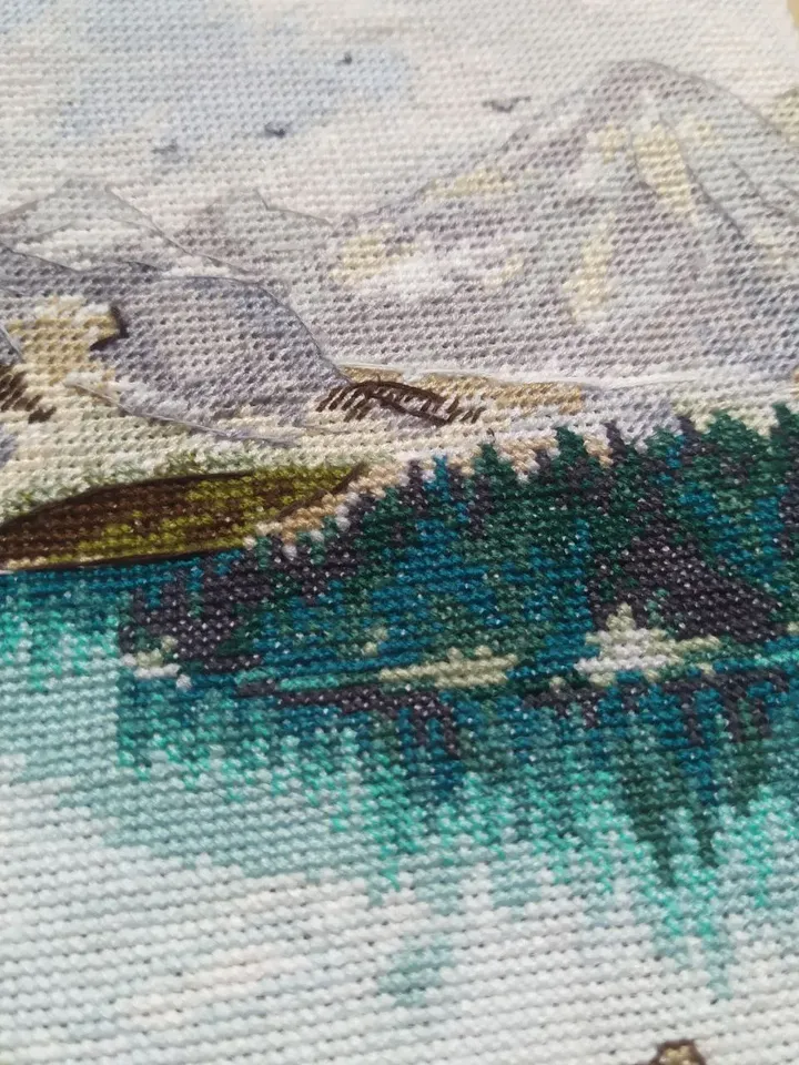 Handmade Moraine Lake painting, Canadian landscape wall art, for home decor, finished cross stitch