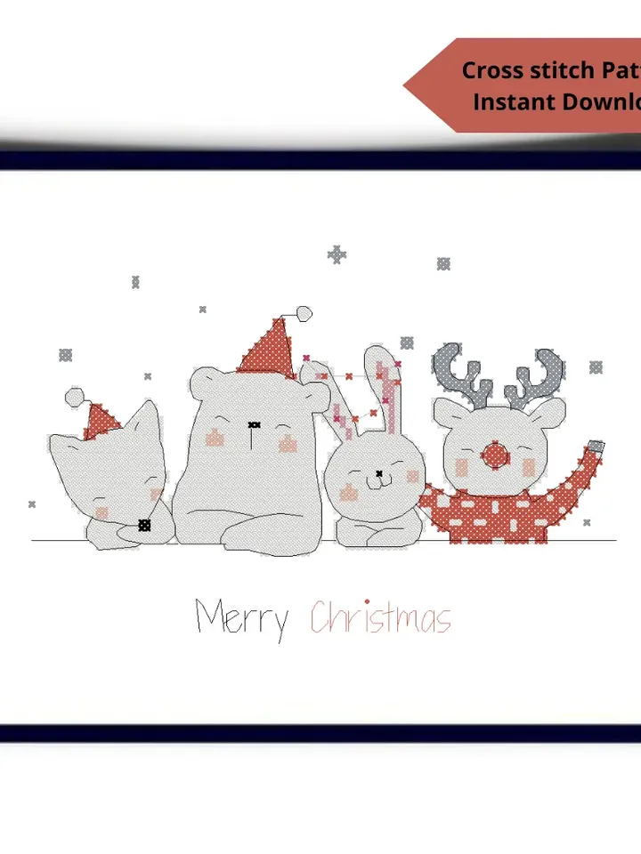 Merry Christmas cross stitch PDF pattern, cute animals embroidery design, Instant download