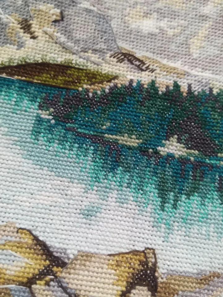 Handmade Moraine Lake painting, Canadian landscape wall art, for home decor, finished cross stitch