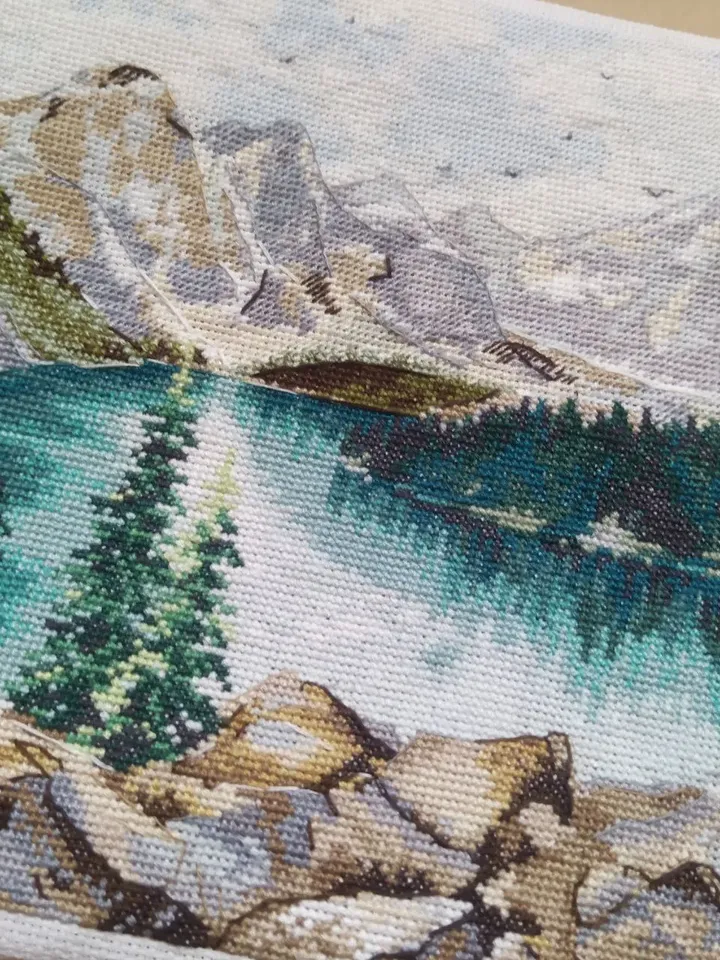 Handmade Moraine Lake painting, Canadian landscape wall art, for home decor, finished cross stitch