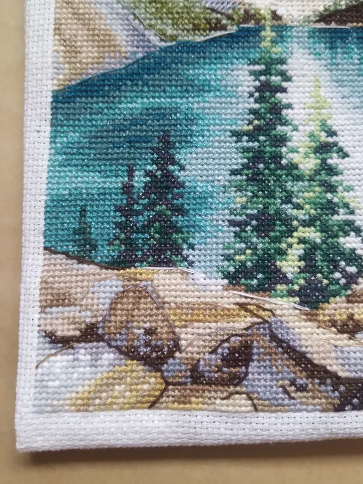 Handmade Moraine Lake painting, Canadian landscape wall art, for home decor, finished cross stitch