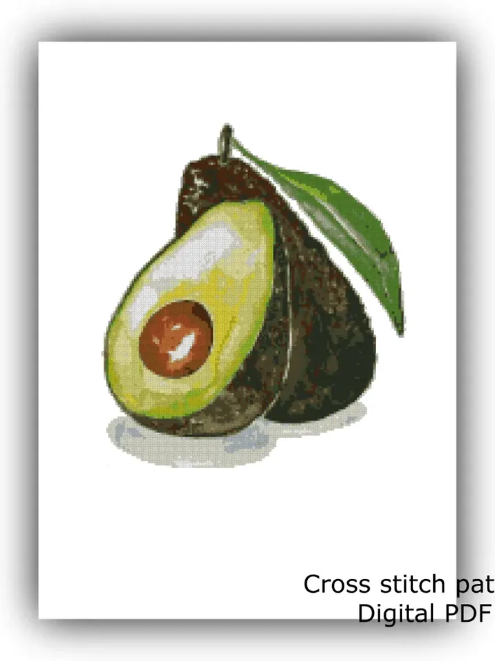 Watercolor Avocado cross stitch PDF pattern, Food embroidery, Instant download