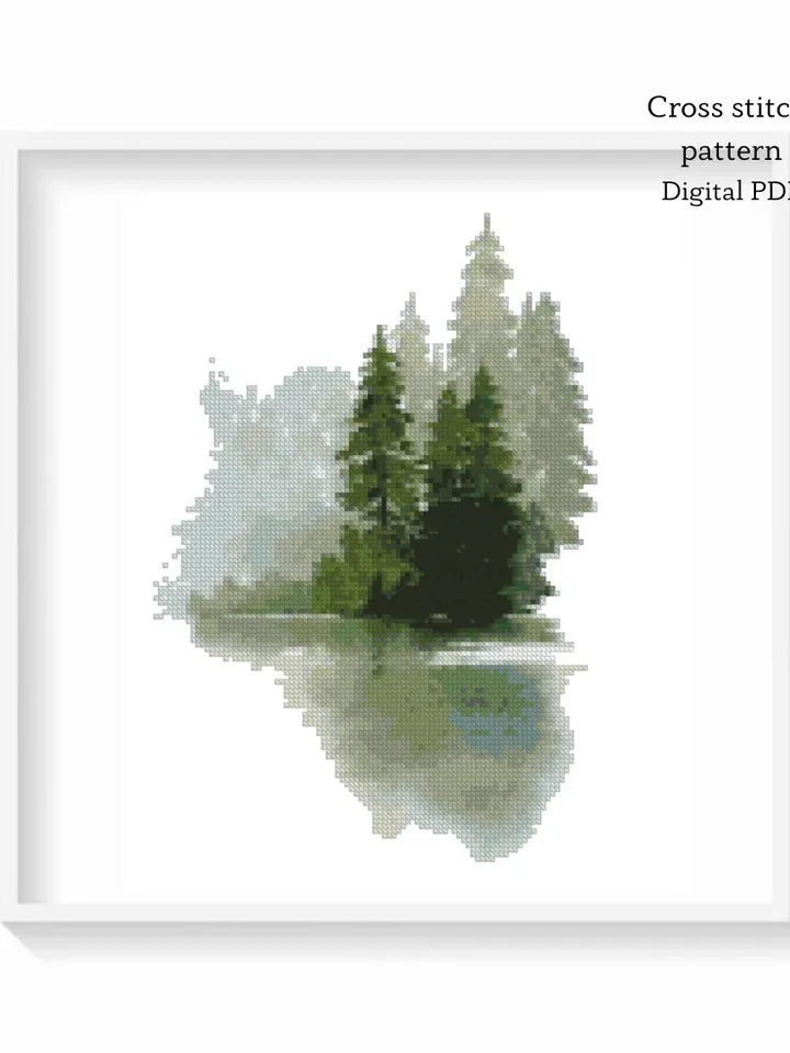 Green Forest cross stitch PDF pattern, Pine tree Nature embroidery, Instant download