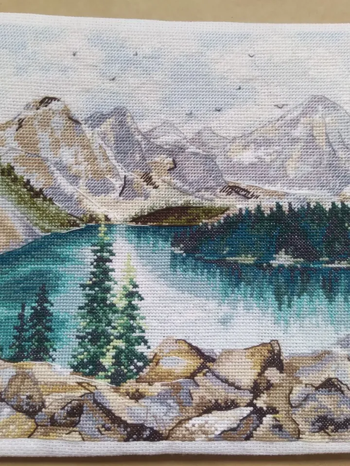 Handmade Moraine Lake painting, Canadian landscape wall art, for home decor, finished cross stitch