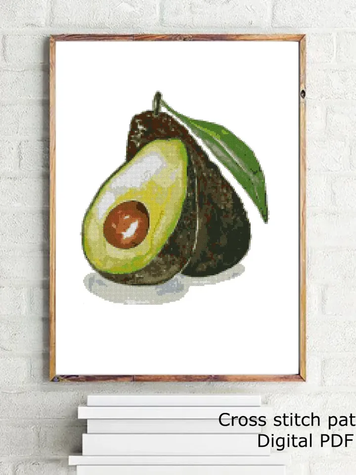 Watercolor Avocado cross stitch PDF pattern, Food embroidery, Instant download