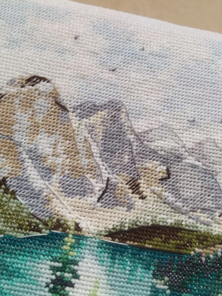 Handmade Moraine Lake painting, Canadian landscape wall art, for home decor, finished cross stitch