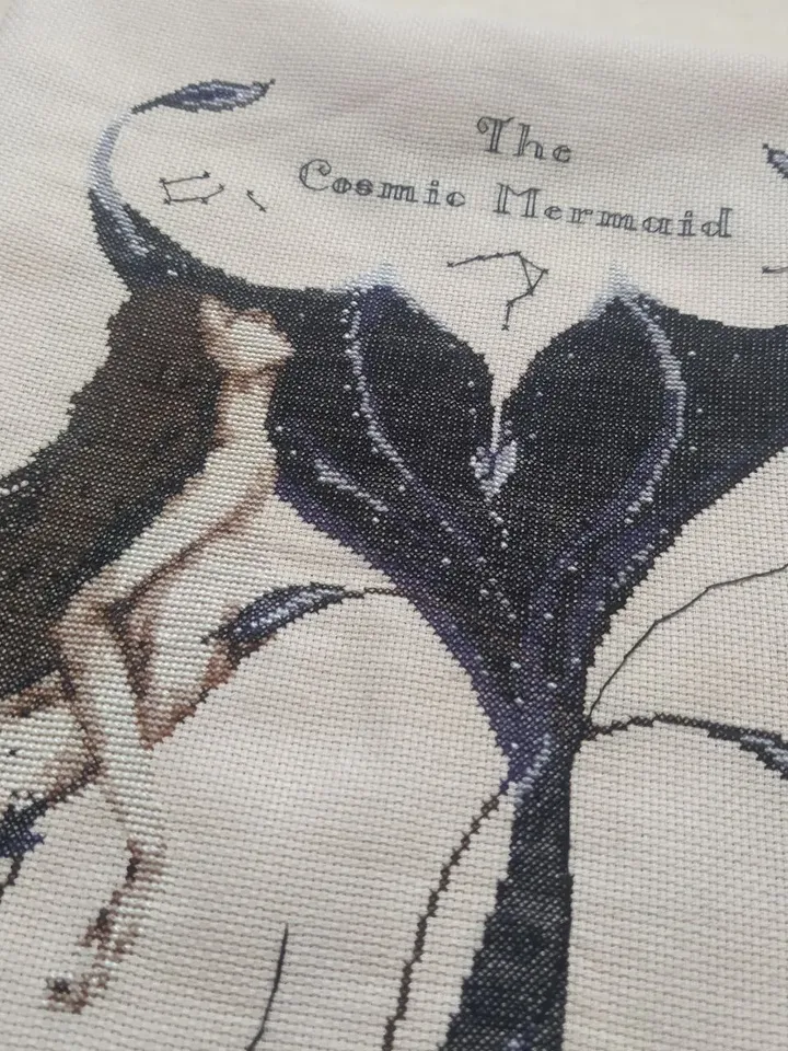 Handmade space mermaid painting, mermaid wall art, for wall decor, finished cross stitch