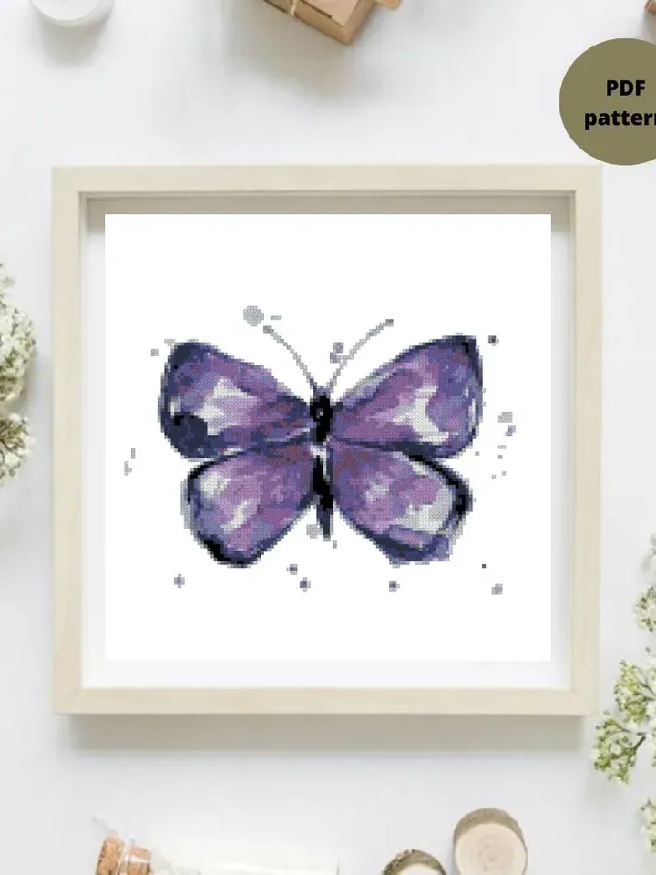 Watercolor Purple Butterfly cross stitch PDF pattern, Insect embroidery, Instant download