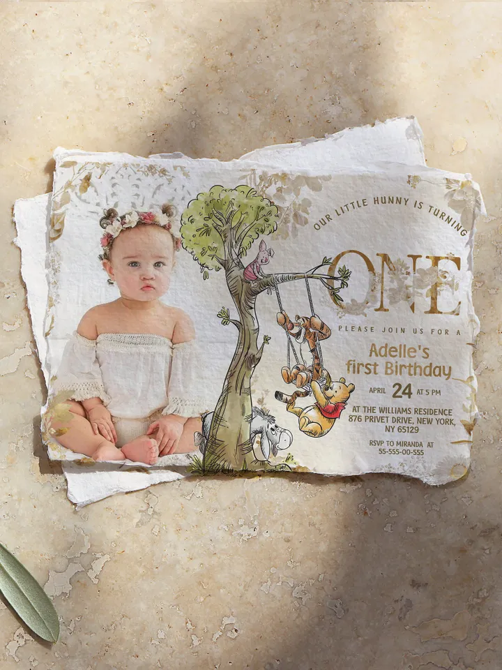 Winnie the Pooh Inspired First Birthday; Classic Winnie Pooh Invitations; Neutral Winnie Pooh Turning One; Winnie Pooh Birthday Party poom88