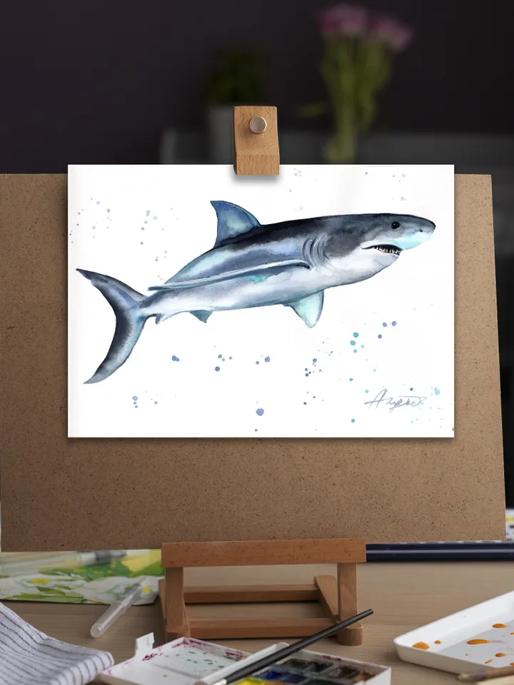 Shark Original watercolor, fish painting, wall decor, 8x11 in hand-painted watercolor art by Anne Gorywine