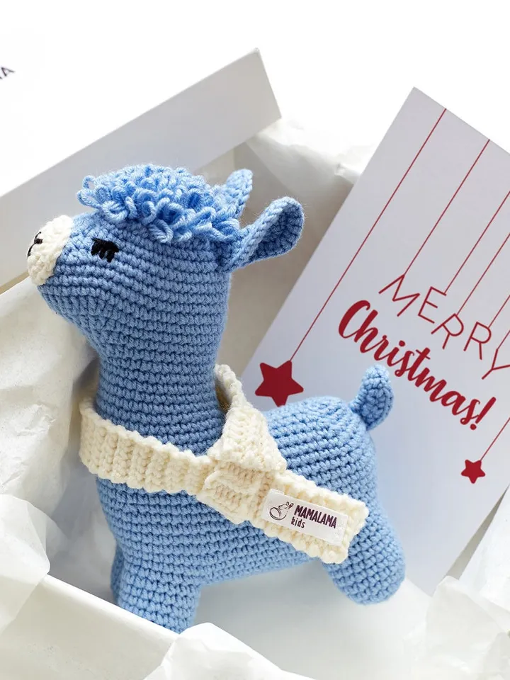 Boyfriend christmas gift box with blue crochet llama baby toy Christmasinjuly newborn pregnancy present basket idea decoration party unique