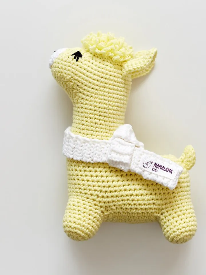 Mom to be pregnancy reveal gift for new baby congrats. Expecting for baby present basket yellow crochet stuffed llama toy teether newborn