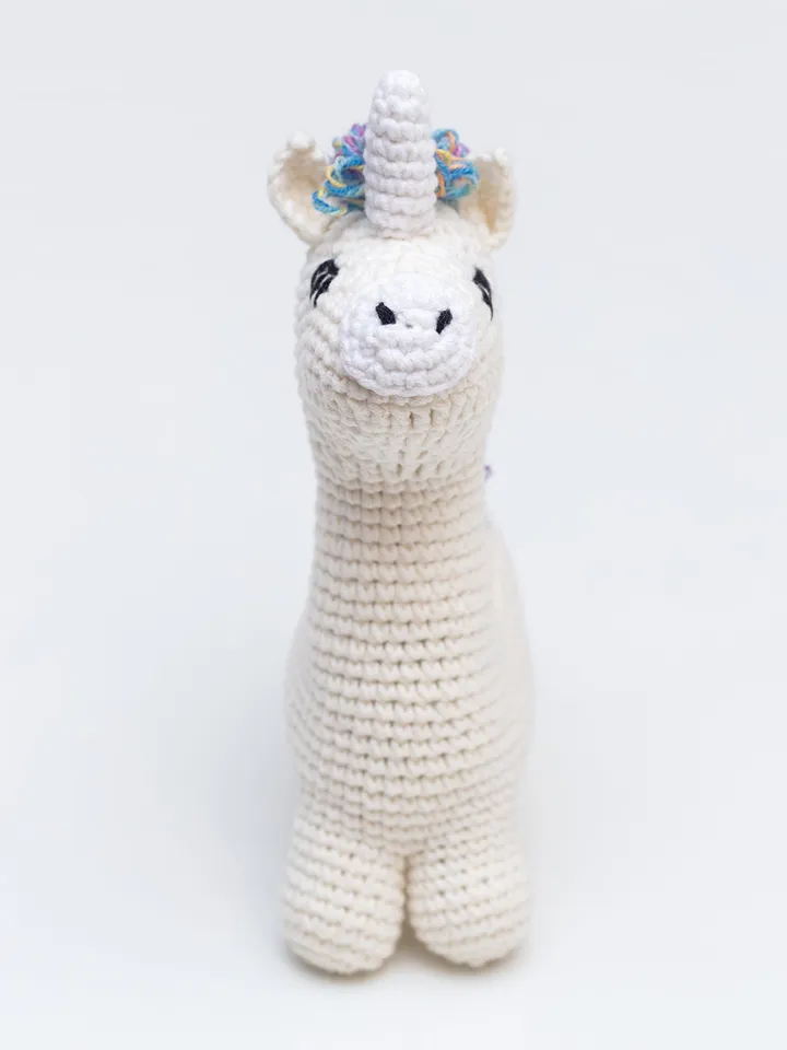 Baby boy unicorn rainbow shower gift with striped baby blanket and crochet unicorn toy