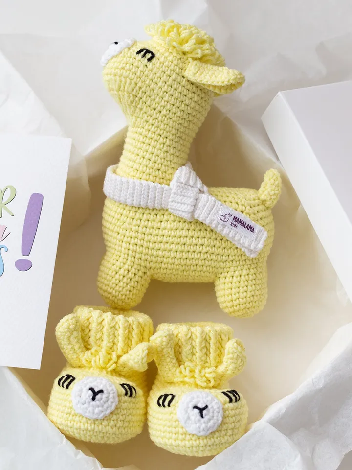 We are expecting Pregnancy reveal gift box Cute Gender neutral boy girl present basket ideas Crochet yellow llama alpaca nursery plush toy