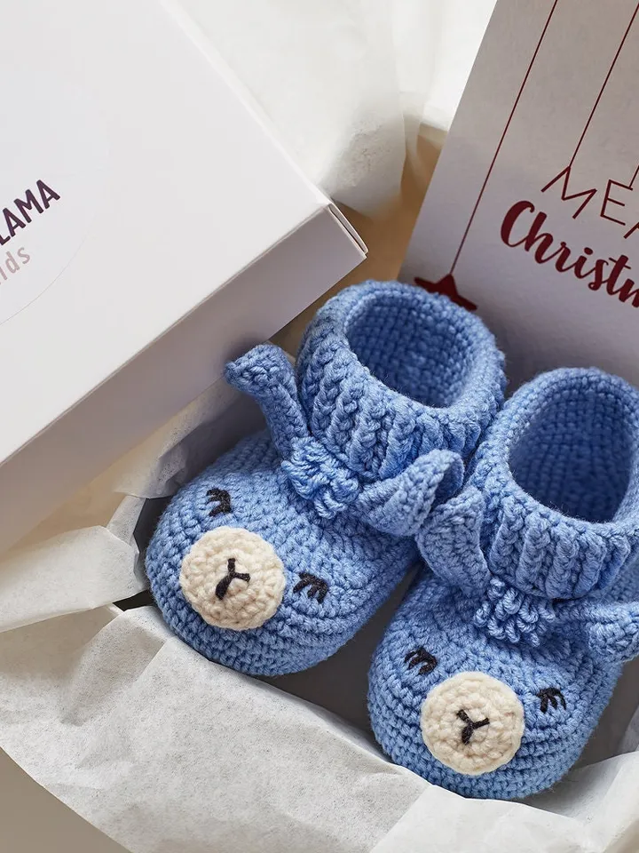 Merry Christmas decoration baby nursery shower sprinkle cute crochet gift idea Blue newborn boy llama alpaca animal booties slippers present