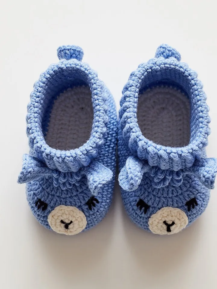 Merry Christmas decoration baby nursery shower sprinkle cute crochet gift idea Blue newborn boy llama alpaca animal booties slippers present