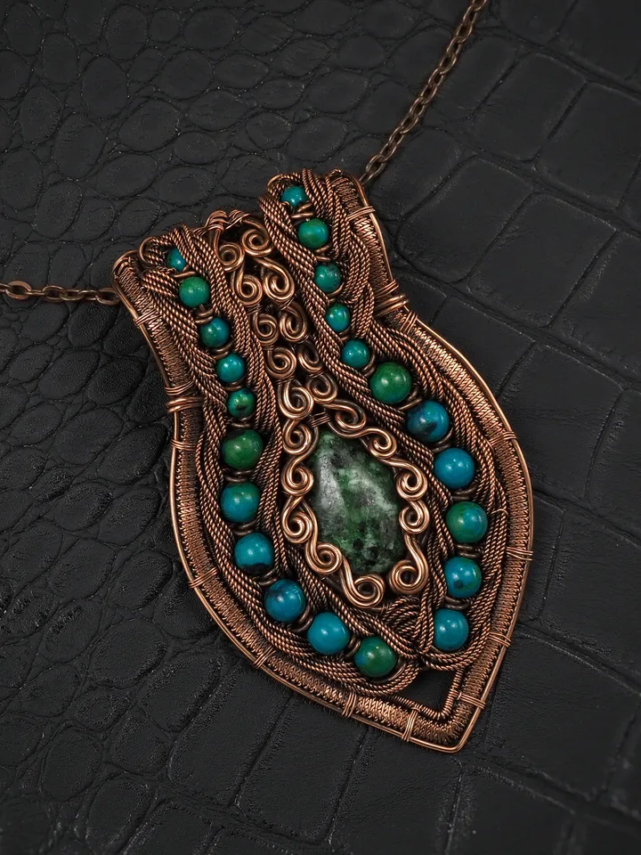 Zoisite and Chrysocolla Pendant Wire wrap copper necklace Handmade artisan jewelry