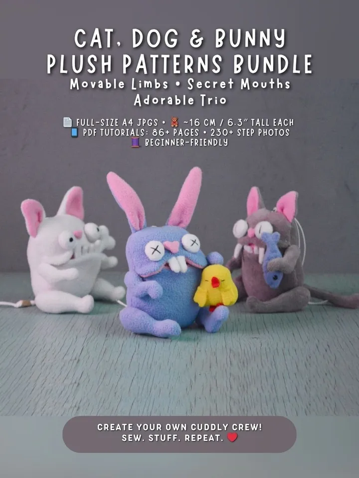 PDF Plush Toy Patterns β Fleece Softies Trio (Cat, Dog, Bunny)