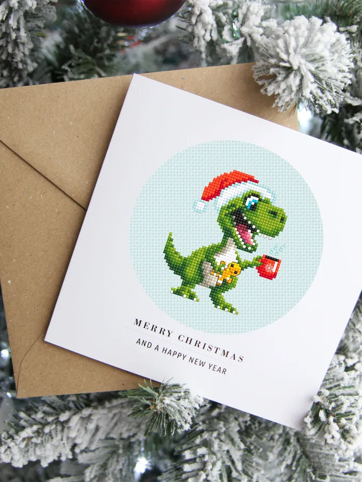 Funny dinosaur christmas cross stitch pattern PDF download, Set of 2 small dinosaur cross stitch chart, Cute dino pattern digital PDF #N115