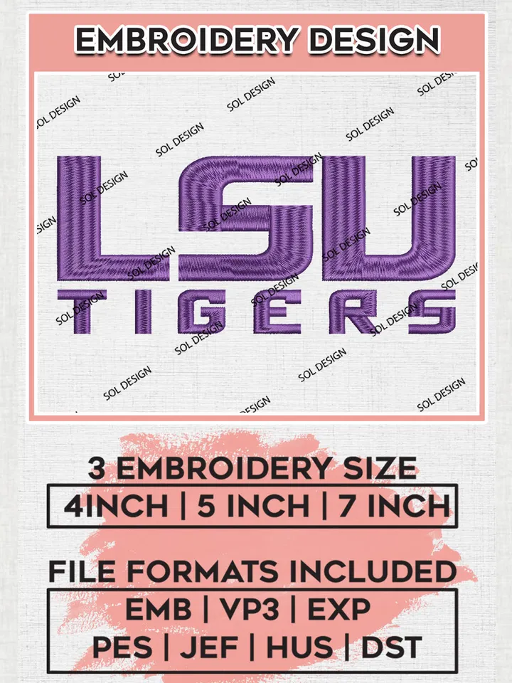 LSU Tigers NCAA Team Word Logo Embroidery Design Files, NCAA LSU Tigers Machine Embroidery, NCAA Teams, 3 sizes, NCAA Machine embroidery designs, Digital Download