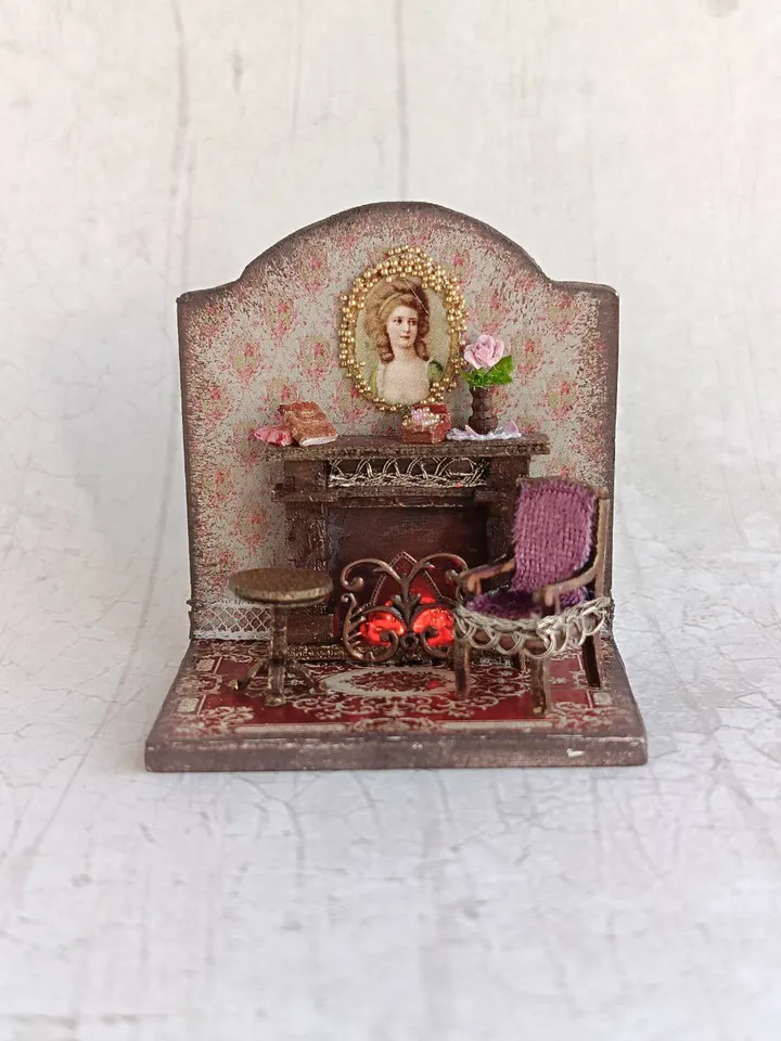 Miniature Fireplace Room Roombox is a 1/48 scale miniature dollhouse with a shimmering fireplace, furniture and accessories