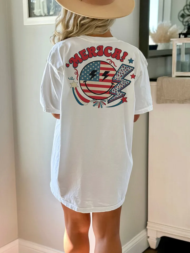 Retro 4th of July png, 4th of July sublimation design, retro smiley face png, America lightning bolt png, Independence Day png, USA design