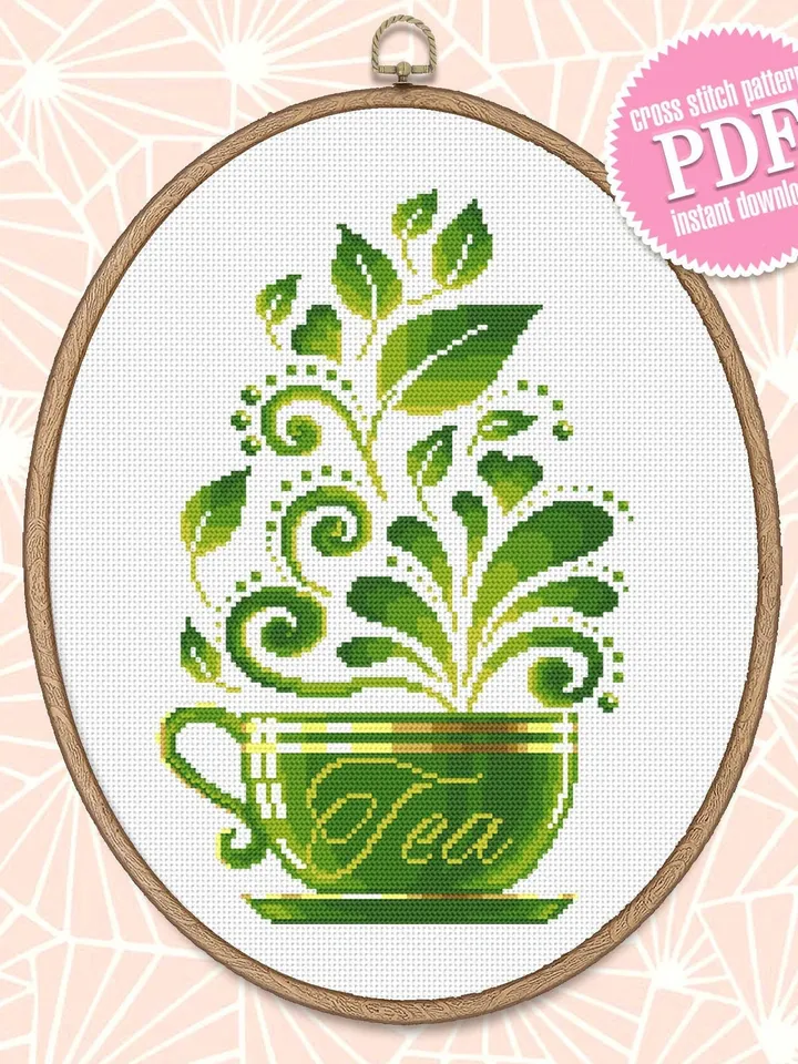 Tea cup cross stitch pattern download PDF, Awesome kitchen cross stitch chart, Funny embroidery beginner, Green tea cross stitch PDF #F7
