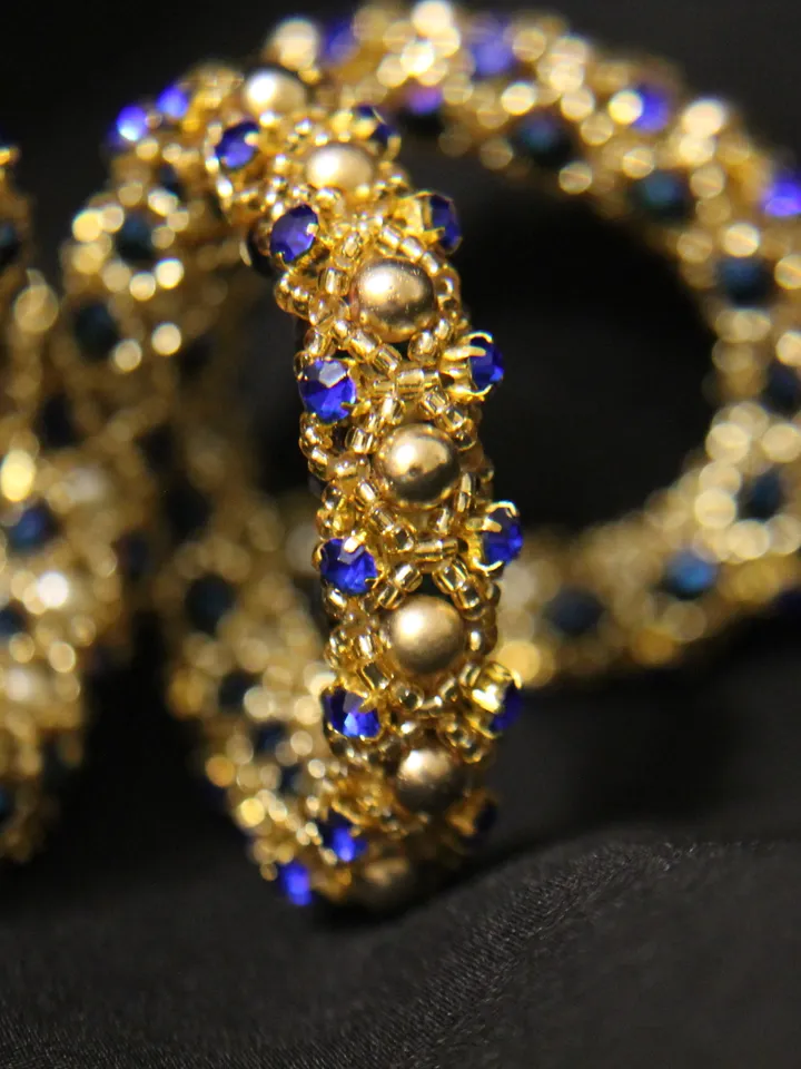 Beads necklace gold hematite and cornflower blue rhinestones