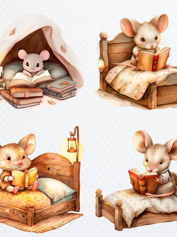 13 Mouse Reading Book PNG Bundle, Mouse Bedroom Watercolor clipart for sublimation, High Quality PNGs, Digital Paper crafts, junk journal