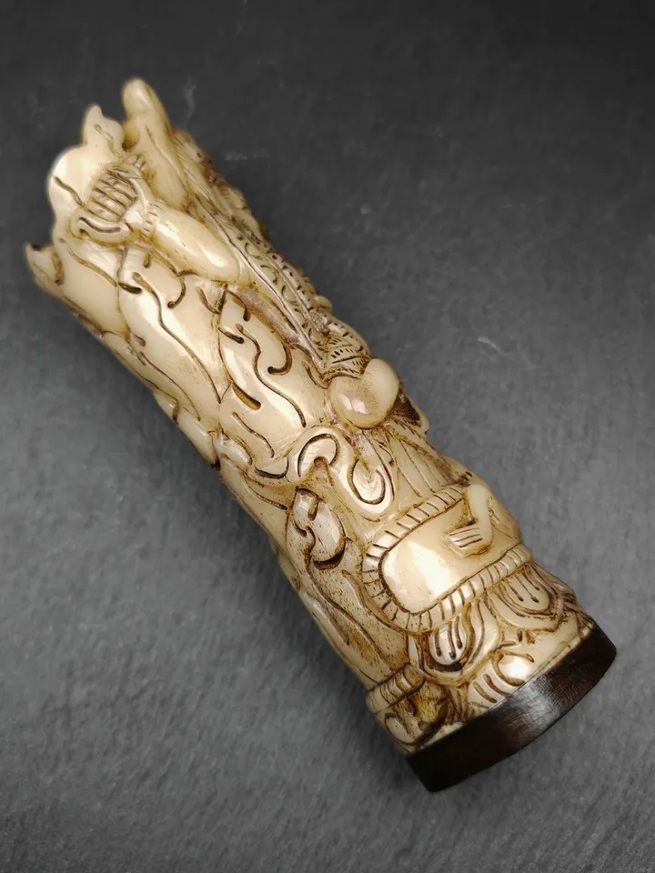 Leg Bone Carved Dudjom Troma Nagmo Pen holder,Black Wrathful Dakini Kapala Cup,Gandhanara Old Tibetan Buddhism Decor,20th,140mm × 40mm
