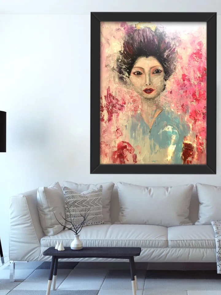 Japanese girl,original oil painting on stretched canvas,geisha painting,Japanese wall art,home decoration.