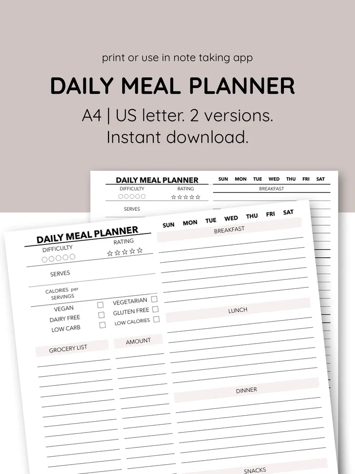 Daily meal planner Grocery list Food allergy diary Daily menu. Menu planner sheet. Nutrition journal. Weight loss menu