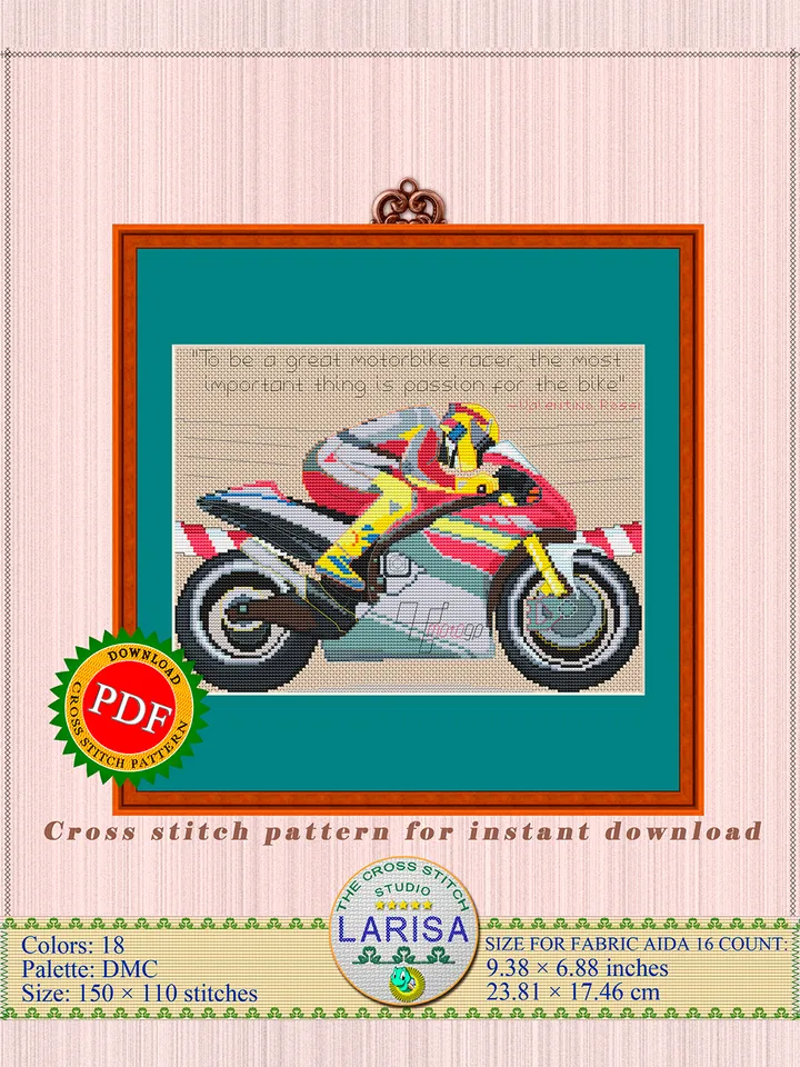 Motosport Cross Stitch Pattern | Motorcycle Racer | Motorbike | Sport Bike