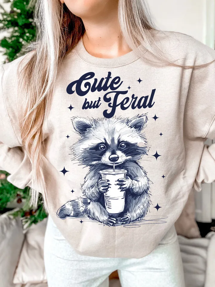 Cute But Feral Funny PNG Sarcastic Snarky Png Funny Raccoon Adult Humor Funny Sarcastic Quote Png Vintage shirt Retro SUBLIMATION ORIGINAL