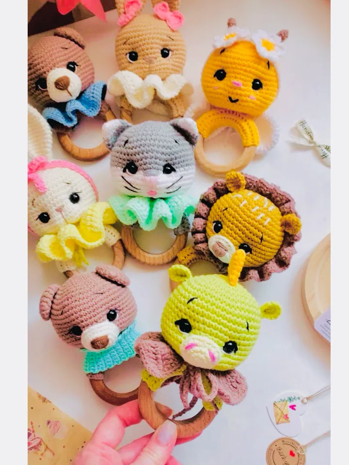 Crochet Pattern Rattle, toy for baby toddlers, Crochet Cute, Amigurumi Little Hands Toy, Plush Animal Bear, Bunny, Lion, Cat, Bee, Fox, Dragon”