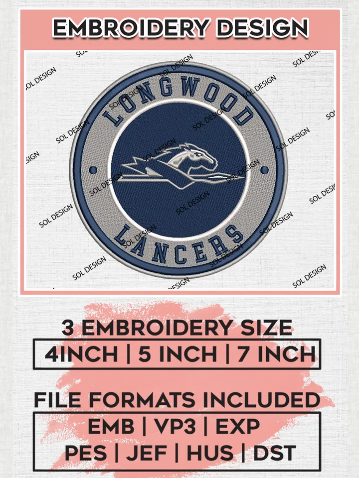 NCAA Longwood Lancers Round Logo Embroidery, NCAA Longwood Lancers Logo Embroidery files, NCAA Teams, Machine embroidery designs, Digital Download
