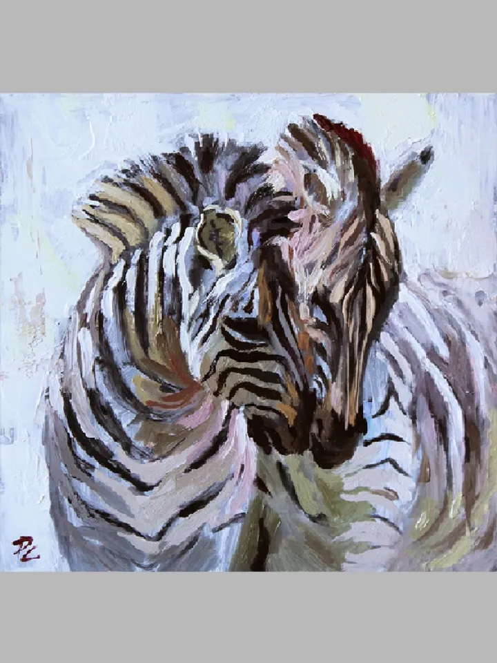Postcard created with oil paint "Cute Zebras" 4.8x4.6"