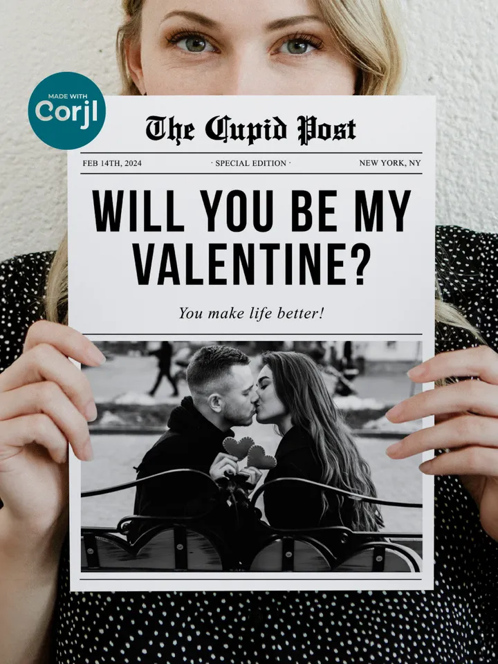 Valentines Cupid Post Newspaper, Valentises Day Newspaper Template, Will You Be My Valentine, Printable Flower Wrap, Editable Corjl Template