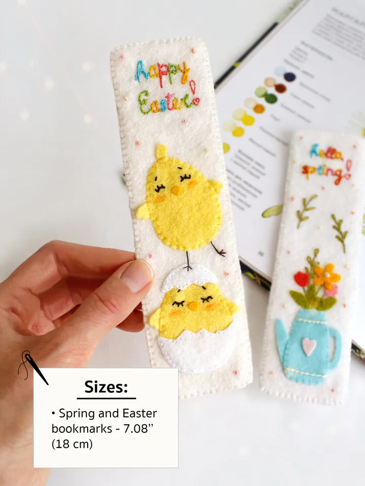 Felt "hello, spring!" and "happy Easter!" bookmarks hand sewing PDF tutorial with patterns. DIY Easter ornament. Book lover gift. Felt school supplies