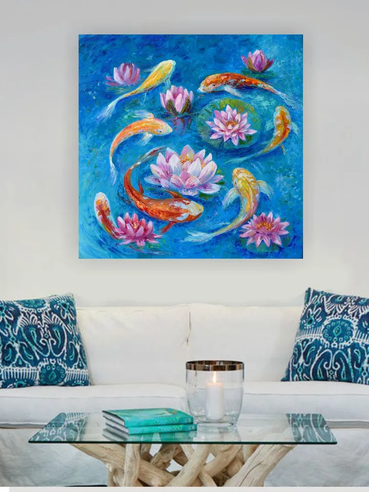Koi Painting Original Art Fishes in the pond artwork 24 by 24 inch Water lilies art Koi fish Lotus oil painting
