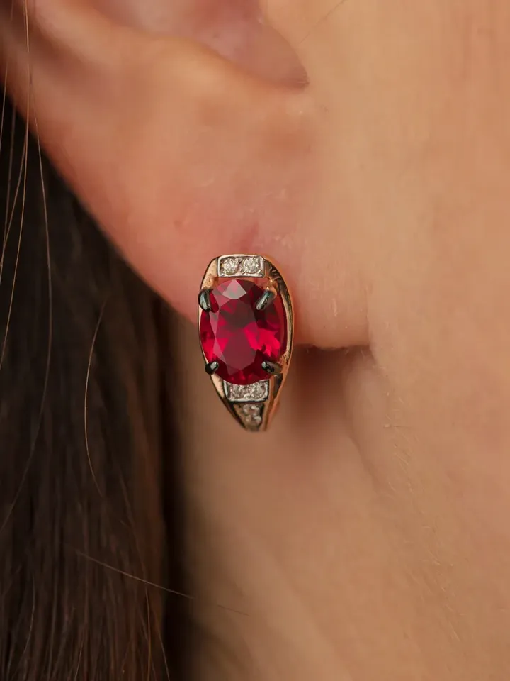 Earrings jewelry Silver gold plated 925 assay value with ruby