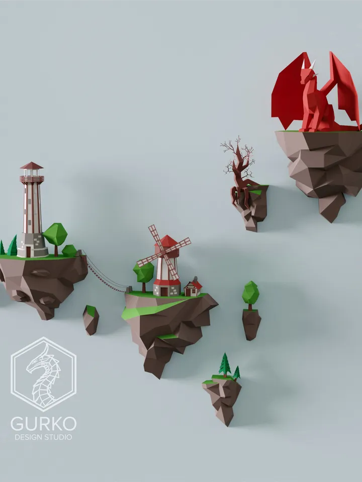 Papercraft Flying Islands (5 sets), Digital Template, PDF Download, Gurko, 3D Low Poly, Pepakura, DIY Origami Sculpture, Paper Decor, Gift