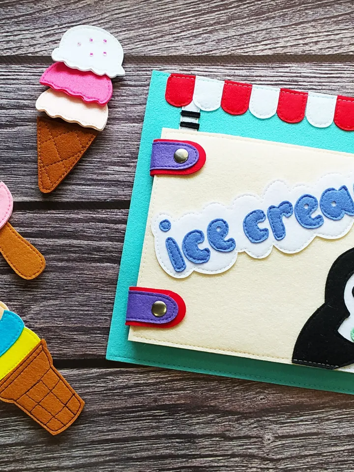 Ice Cream Quiet book Pattern , Kitchen Felt book template pdf, Soft sensory book template, Busy book sewing ideas for girl 2, 3, 4 year old