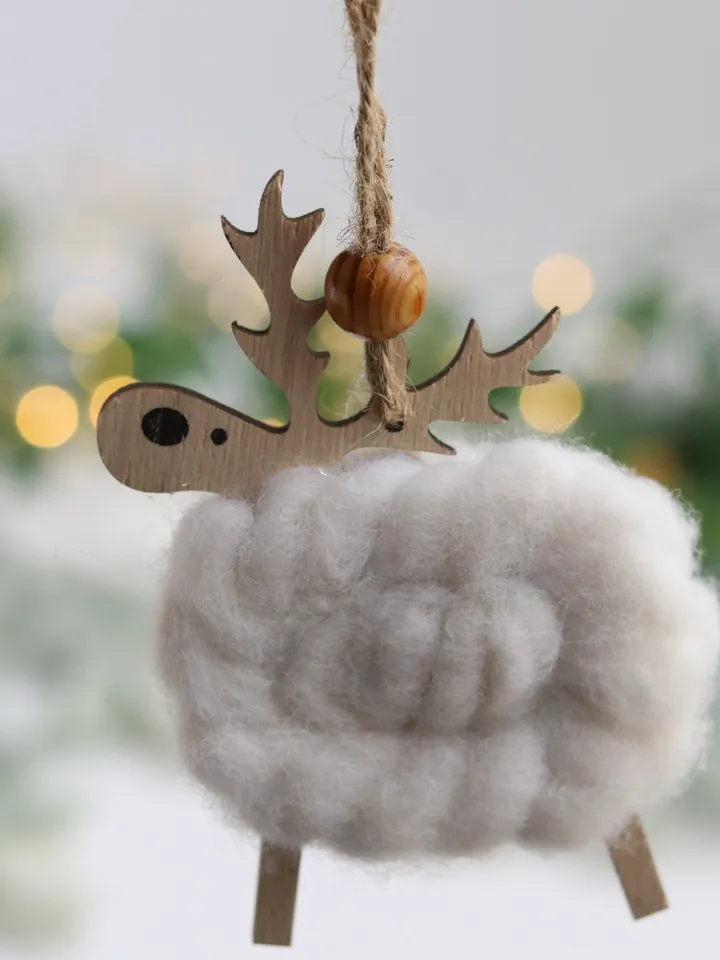 Christmas reindeer ornament wood/wool decor Winter Festive hanging deer decoration